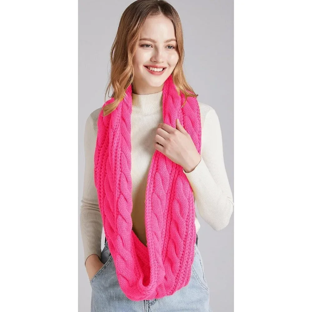 Women's Hot Pink Thick Ribbed Knit Winter Infinity Circle Loop Scarf